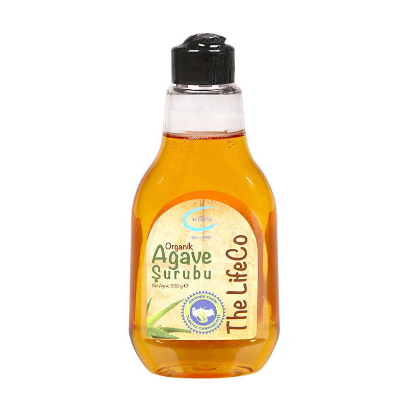 The LifeCo markalı organik agave şurubu şişesi beyaz arka plan
