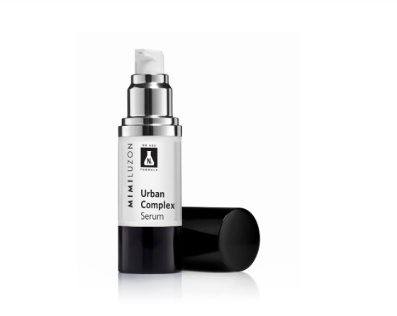 Mimi Luzon Urban Complex serum beyaz ve siyah pompalı şişe kapağıyla