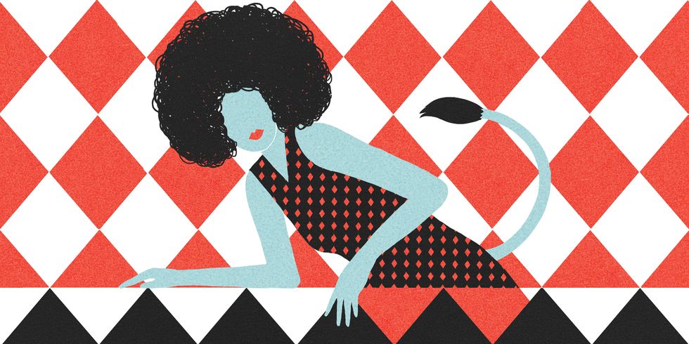 Siyah afro saçlı, kuyruklu, mavi tenli kadın, kırmızı beyaz kareli desen üzerinde