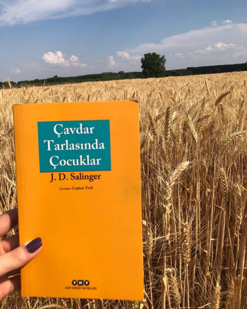 Çavdar Tarlasında Çocuklar kitabı tutan el ve altın buğday tarlası