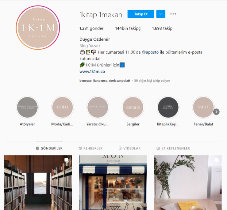 1kitap.1mekan Instagram profili biyografisi öne çıkanları ve gönderileri