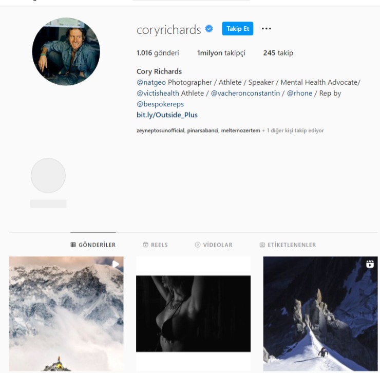 Cory Richards'ın Instagram profil sayfası, biyografi ve gönderileri gösteriliyor