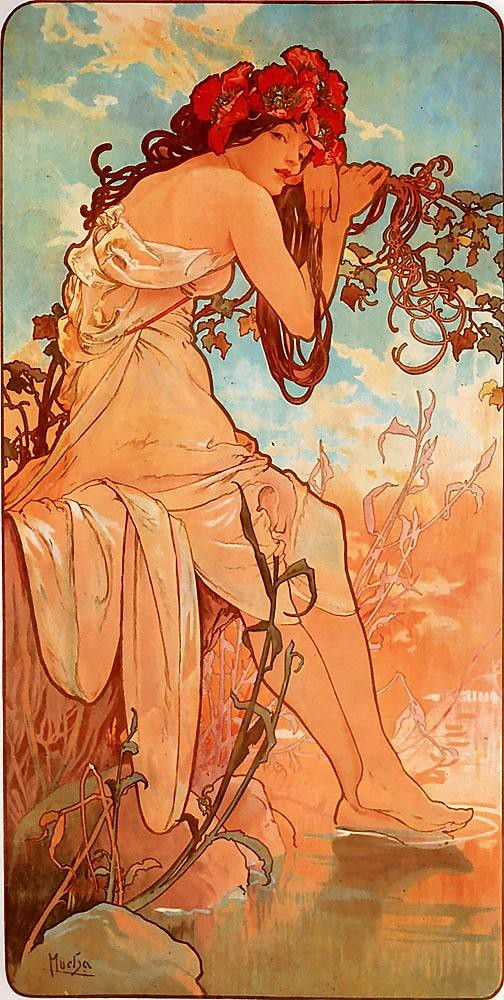 Alphonse Mucha'nın Art Nouveau eseri, çiçekli başlık takan zarif bir kadın