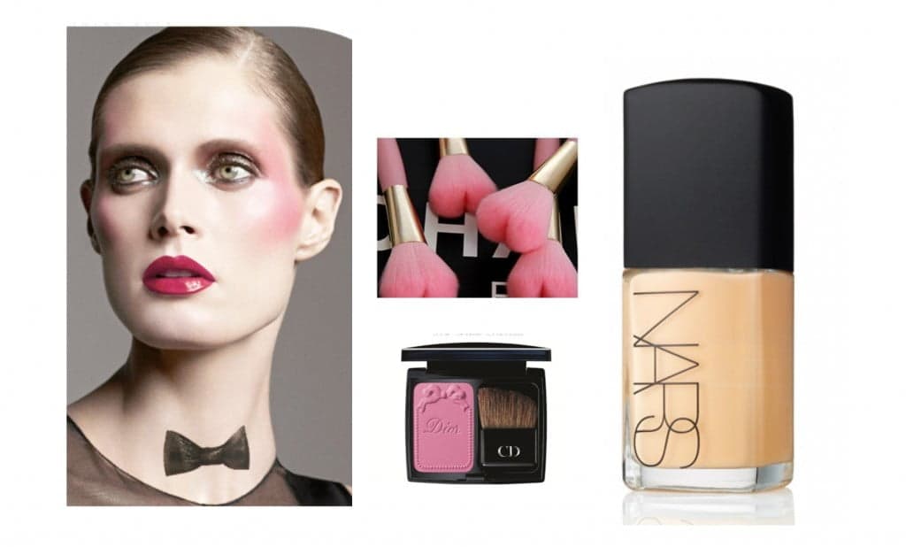 Makyajlı model pembe fırçalar Dior allık NARS fondöten şişesi