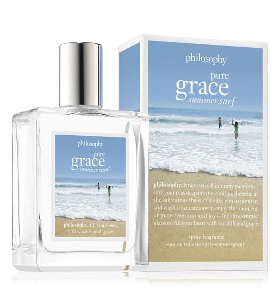 Philosophy Pure Grace Summer Surf parfümü, kutusu ve plaj manzarası