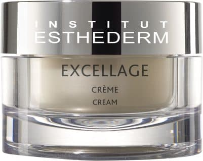 Institut Esthederm Excellage krem gümüş kapaklı şeffaf cam kavanozda