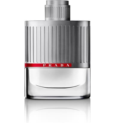 Prada Luna Rossa parfüm şişesi gümüş nervürlü üst şeffaf alt kırmızı bant