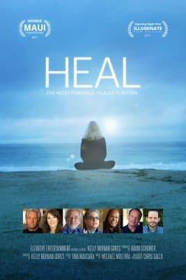 HEAL filmi afişi, deniz kenarında meditasyon yapan kişi ve uzmanlar