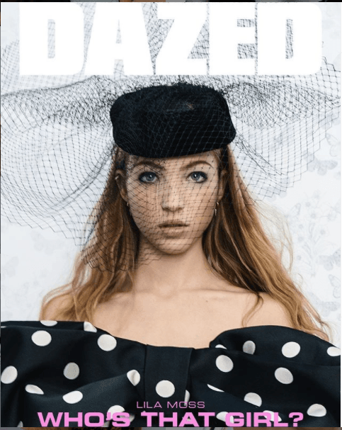 Dazed dergisi kapağında siyah peçeli şapkalı Lila Moss polka noktalı elbisesiyle