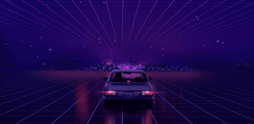 Neon mor mavi fütüristik ızgara yolda arkadan görünen retro araba
