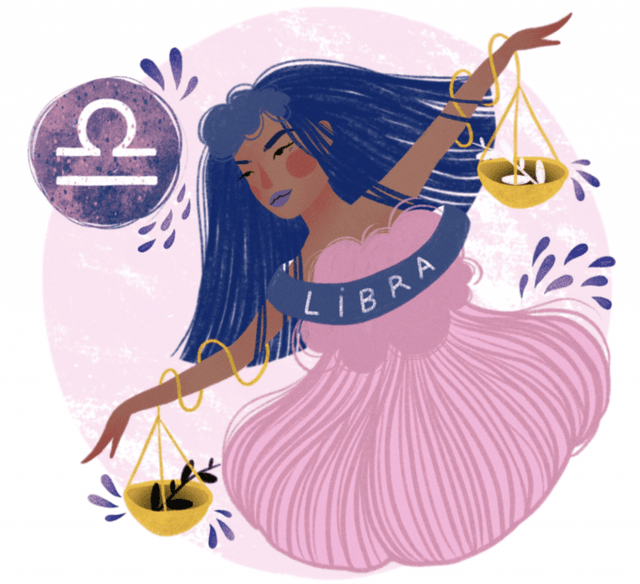 Mavi saçlı pembe elbiseli Terazi burcu kadını burç simgesi ve terazilerle