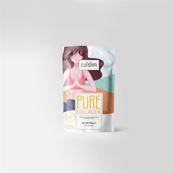 Colslim Pure Collagen takviyesi beyaz paketi üzerinde yoga yapan kadın görseli