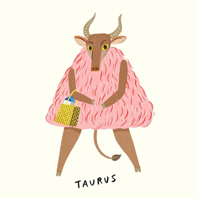 Pembe tüylü boğa sarı sepet tutuyor altında TAURUS yazısı