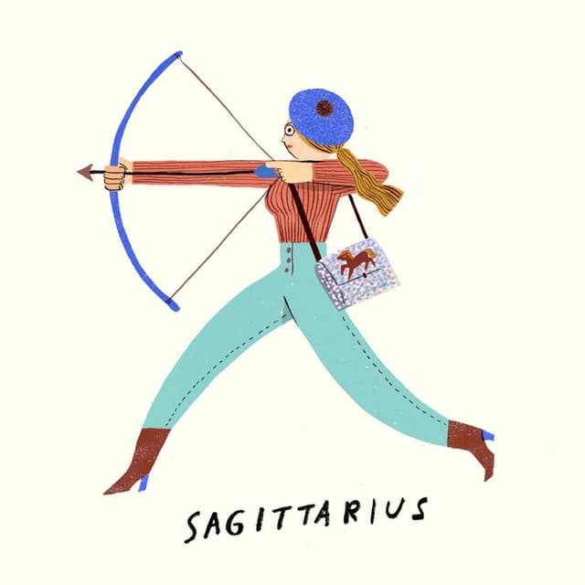Ok ve yay tutan, ileri doğru adımlayan Sagittarius kadını illüstrasyonu