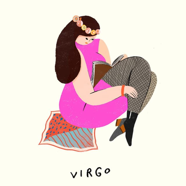 Virgo burcu çiçek taçlı kadın pembe elbiseyle kitap okuyor