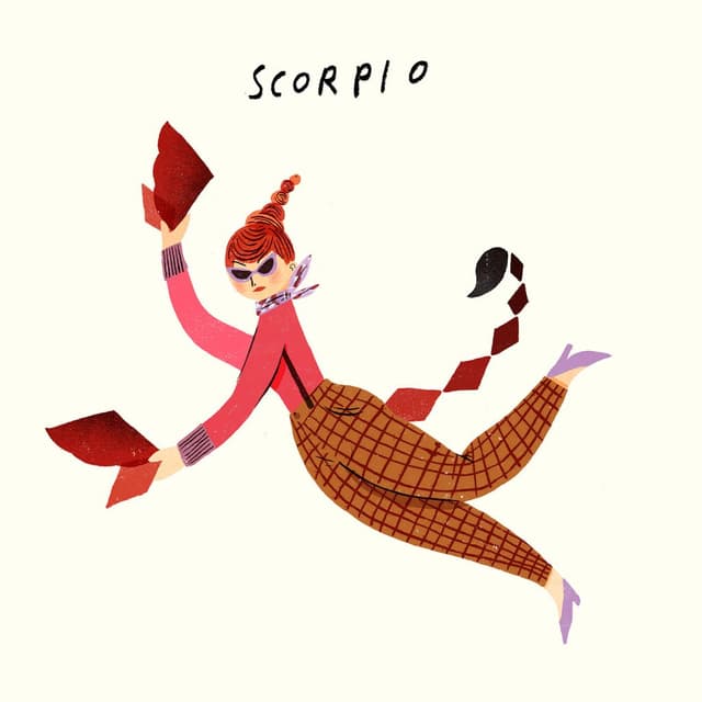 "SCORPIO" yazılı, modern stilize akrep burcu kadını, pençeleri ve kuyruğuyla