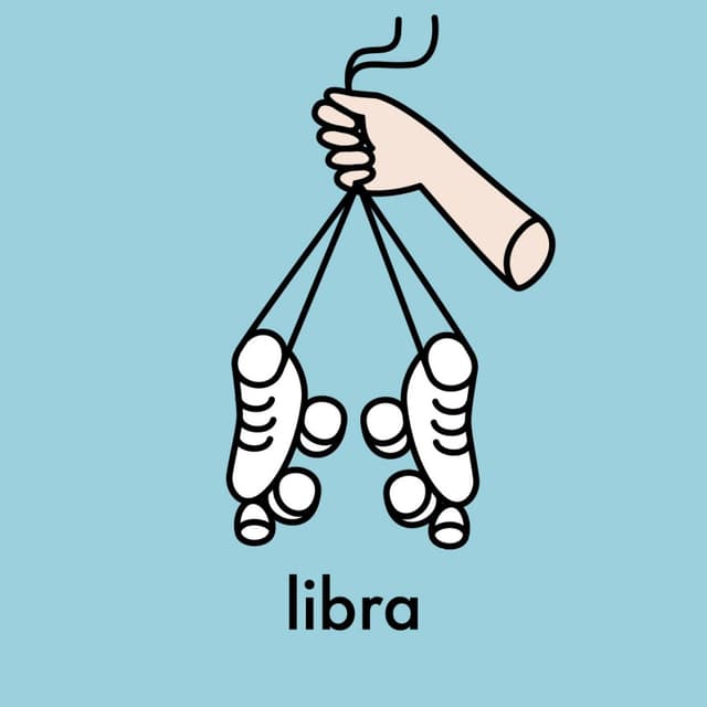 Elinde teraziyi simgeleyen patenler tutan bir el ve libra yazısı