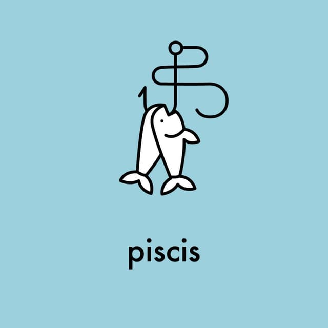Balık burcu sembolü oltaya bağlı iki balık ve altında pisces yazısı
