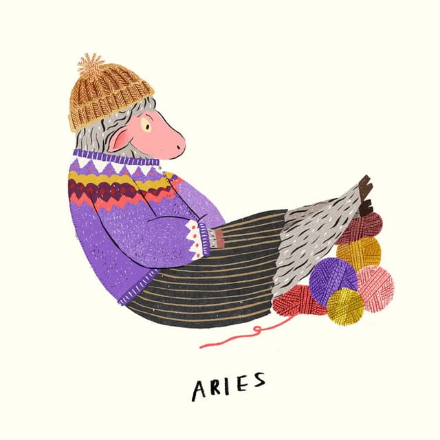 Örgü şapkalı kazaklı koyun karakteri yün yumakları arasında oturuyor Aries