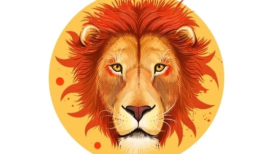 Kızıl yeleli aslan başı illüstrasyonu parlak sarı daire içinde