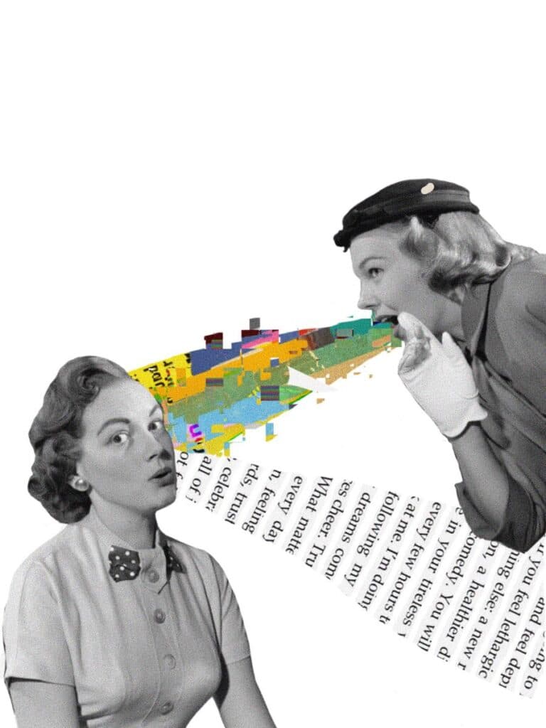 Konuşan kadından renkli, bozuk metin yayılan retro kolaj