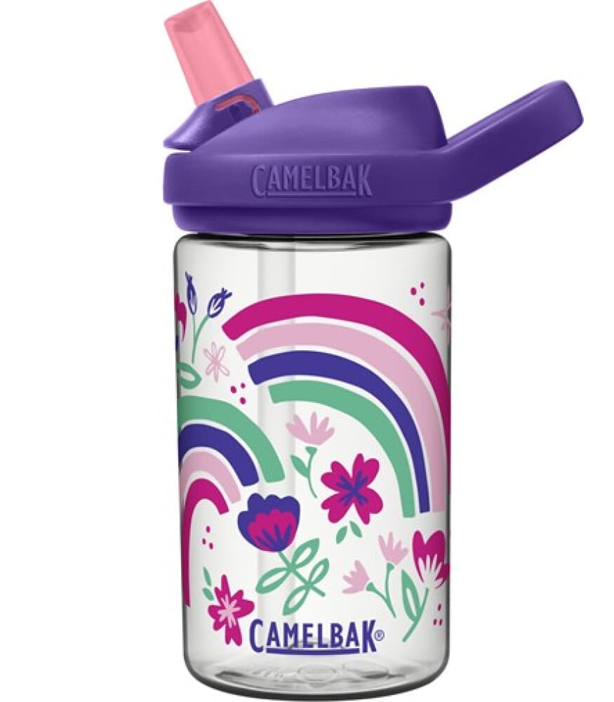 Mor kapaklı, pembe pipetli, gökkuşağı ve çiçek desenli Camelbak suluk