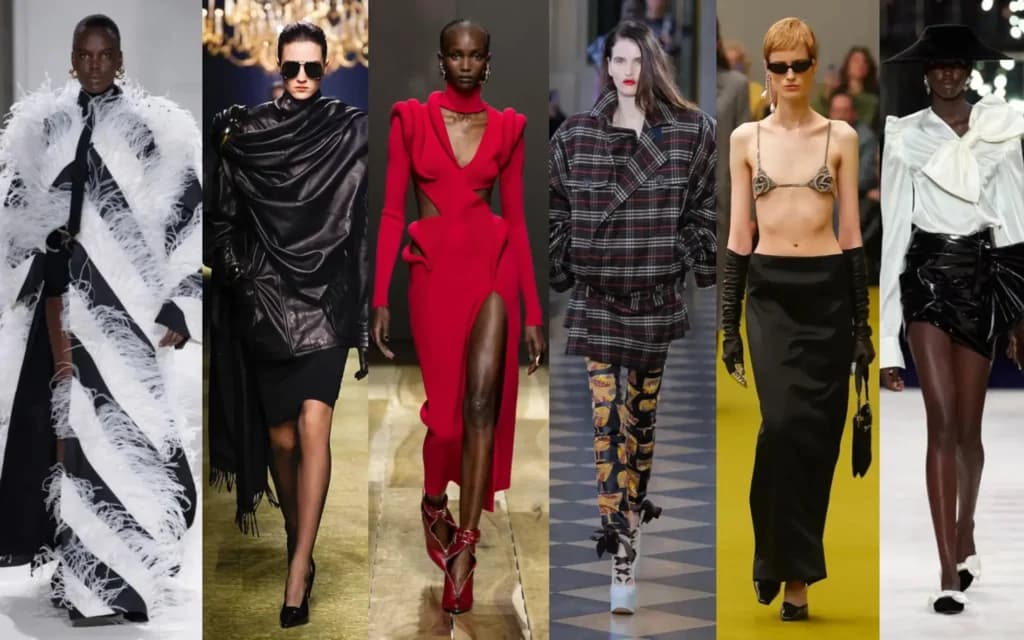 Moda podyumunda altı farklı avangart kıyafet giymiş mankenler