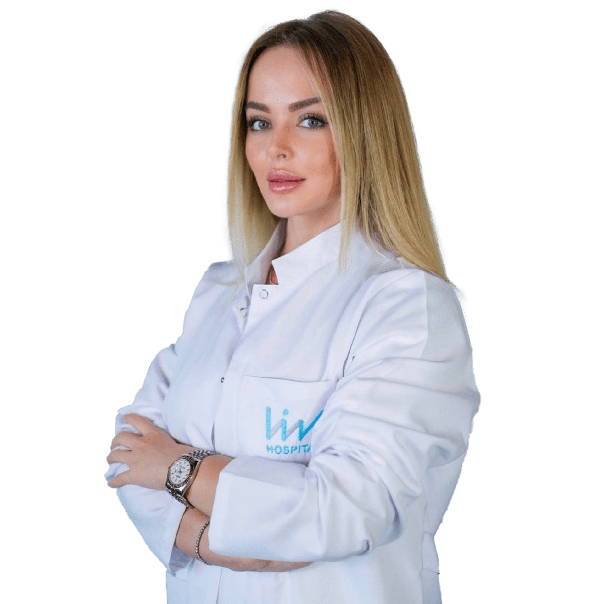 Liv Hospital logolu beyaz önlüklü sarı saçlı kadın tıp uzmanı