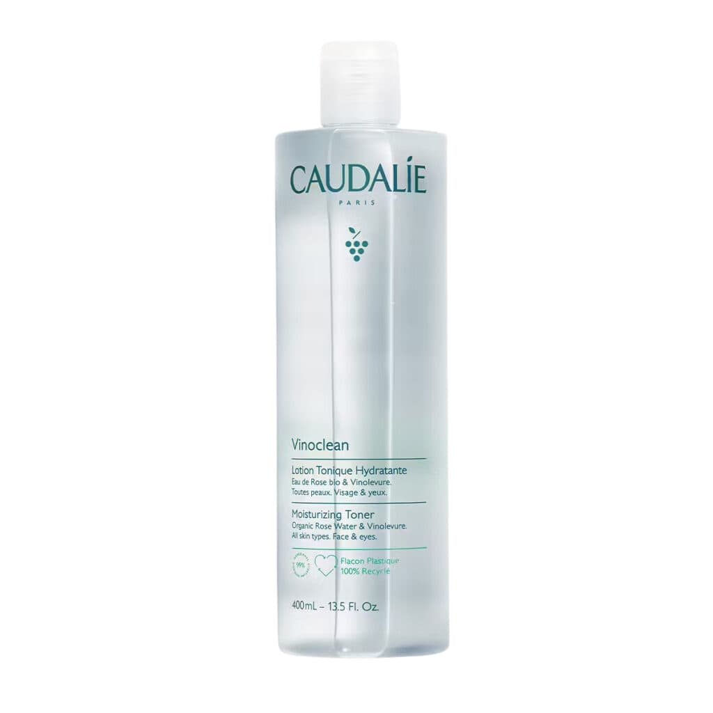 Caudalie Vinoclean nemlendirici tonik, şeffaf şişede, gül suyu ve vinolevure içerikli