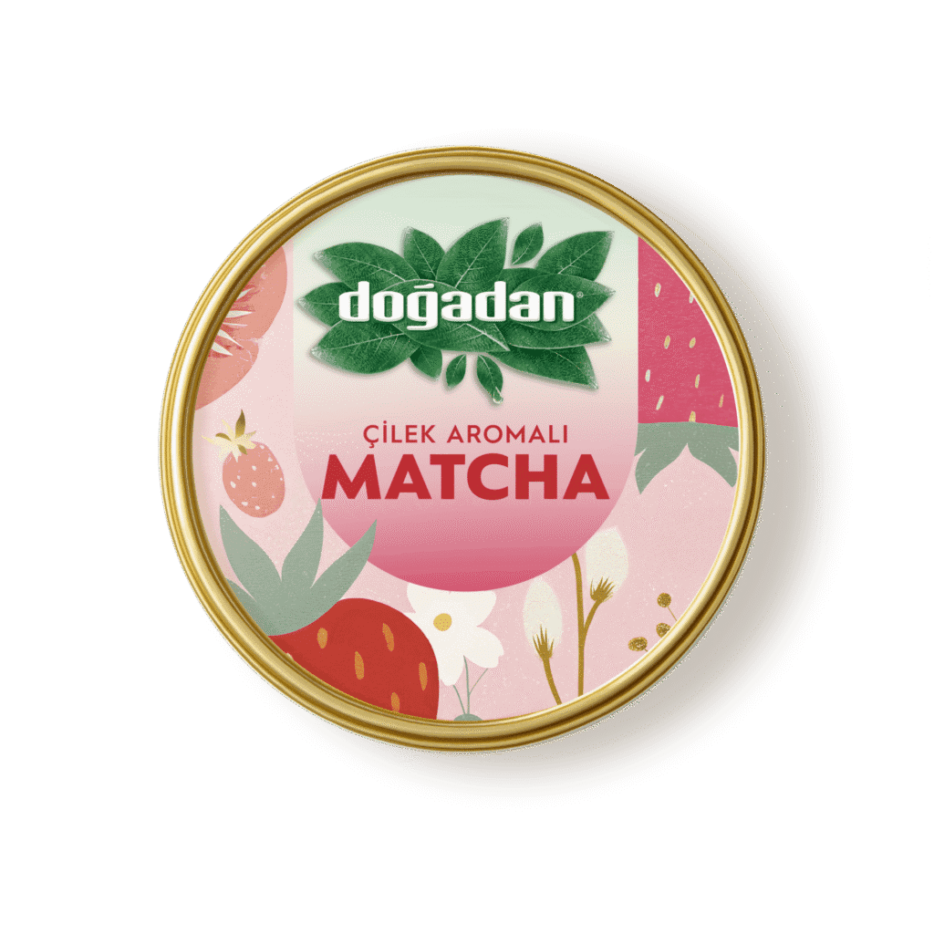 Doğadan çilek aromalı matcha çay kutusu kapağı çilek ve çiçeklerle