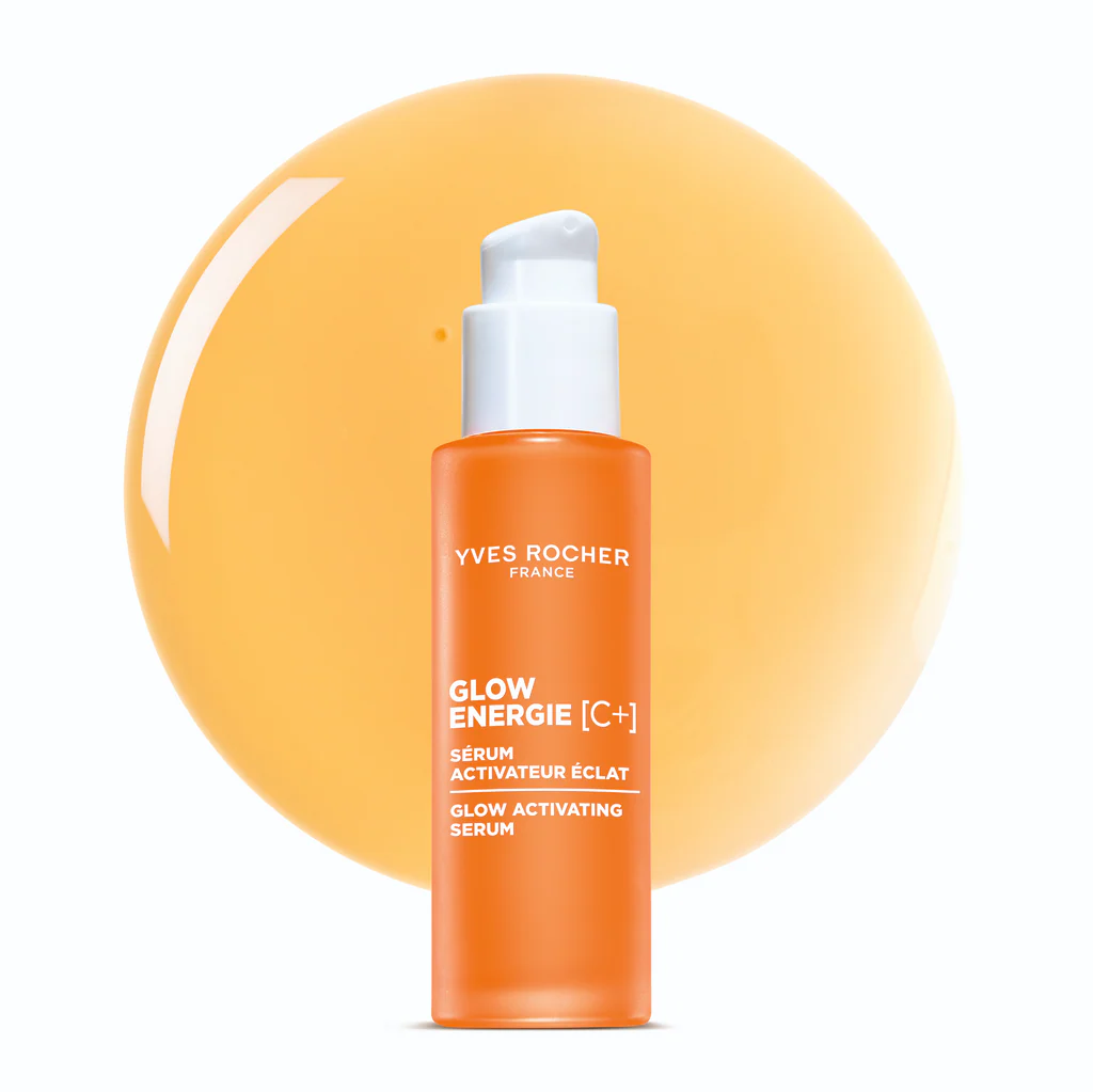 Yves Rocher C+ parlaklık veren serum turuncu şişede sarı sıvı üzerinde