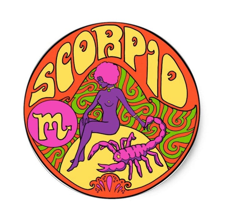 Retro psychedelic Akrep burcu kadın, akrep ve Scorpio yazısı