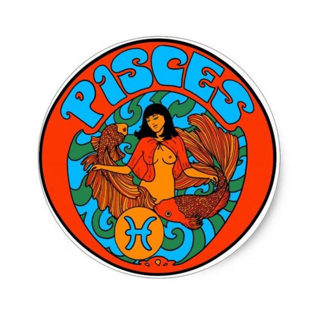 Retro tarzda kadın, iki balık ve PISCES burcu logosu