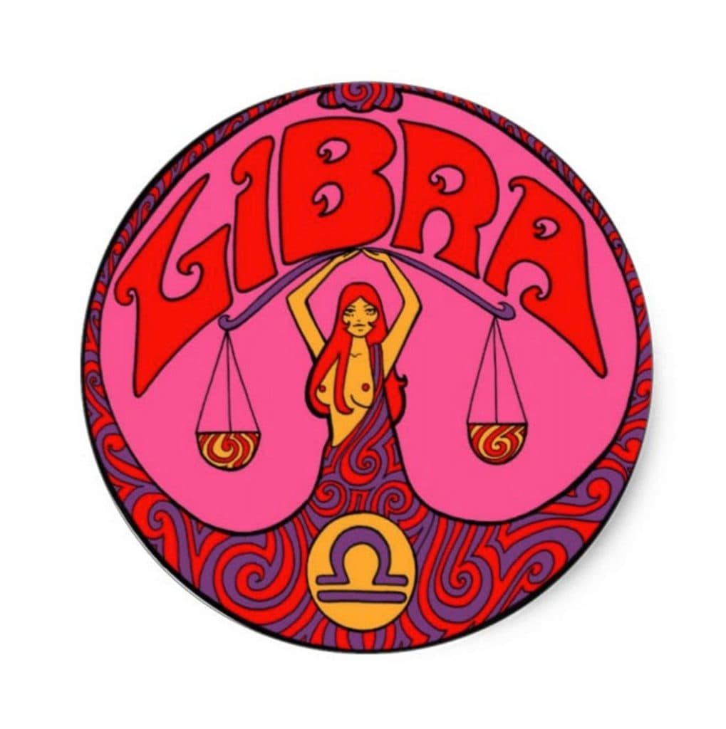 Canlı renklerde, yuvarlak, psychedelic tarzda LIBRA burcu görseli
