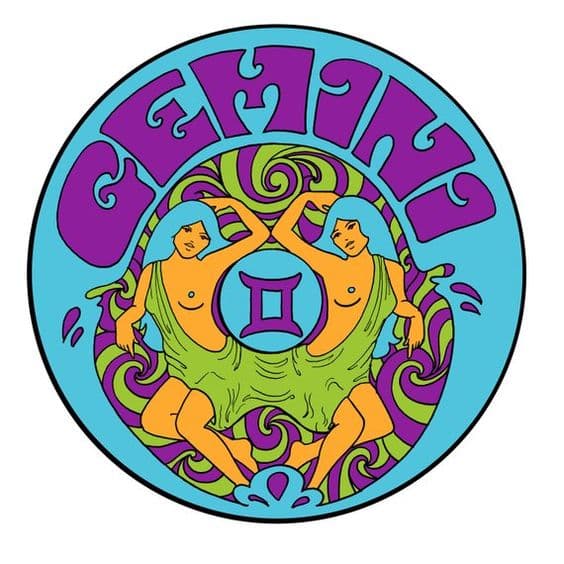 Renkli psychedelic İkizler burcu sembolü, ikiz kadınlar ve GEMINI yazısı