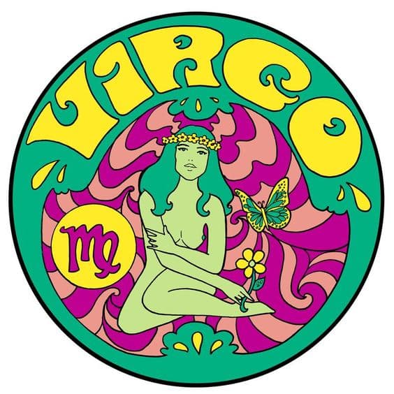 Başak burcu kadını çiçekler ve kelebeklerle psychedelic tarzda illüstrasyon