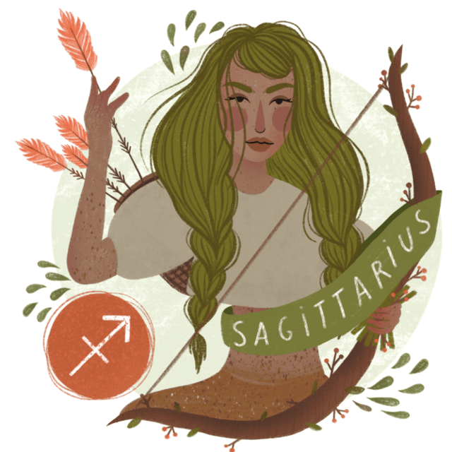 Yeşil saçlı yay burcu okçu kadın, yay ve oklarla, Sagittarius yazısıyla