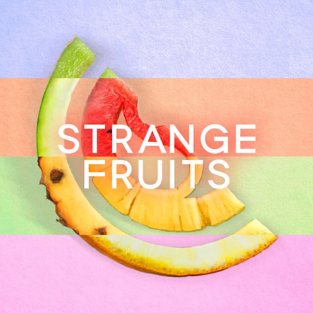 Renkli şeritli zeminde Strange Fruits yazısı ve spiral meyve kabukları