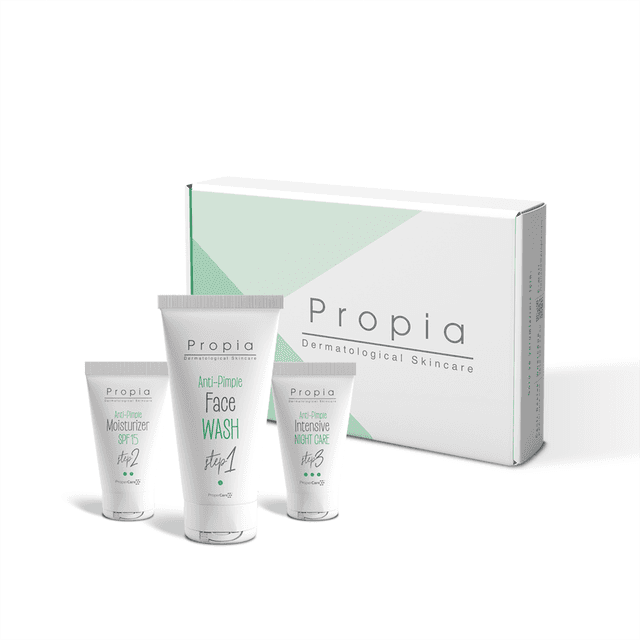 Propia akne karşıtı dermatolojik cilt bakım ürünleri seti kutusu ve tüpleri