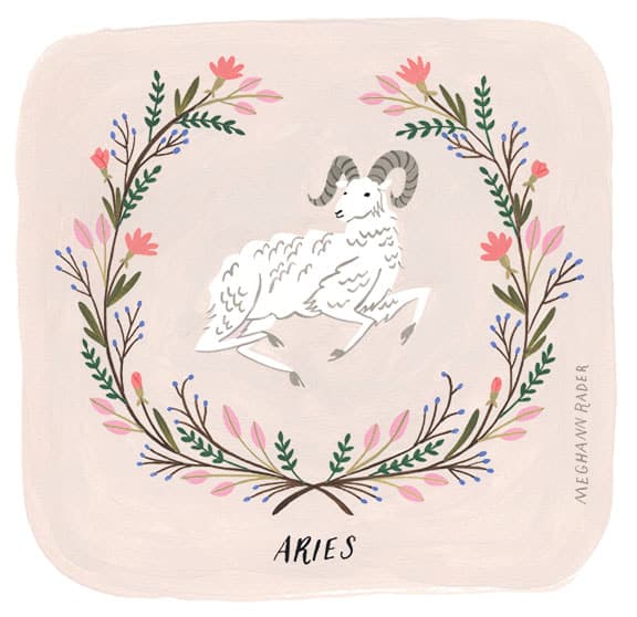 Çiçeklerle süslenmiş bir çelenk içinde zıplayan koç Aries çizimi