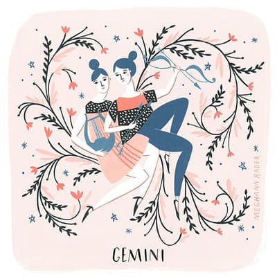 Gemini ikizleri lir ve yay tutan kadınlar çiçekli dekoratif çizim