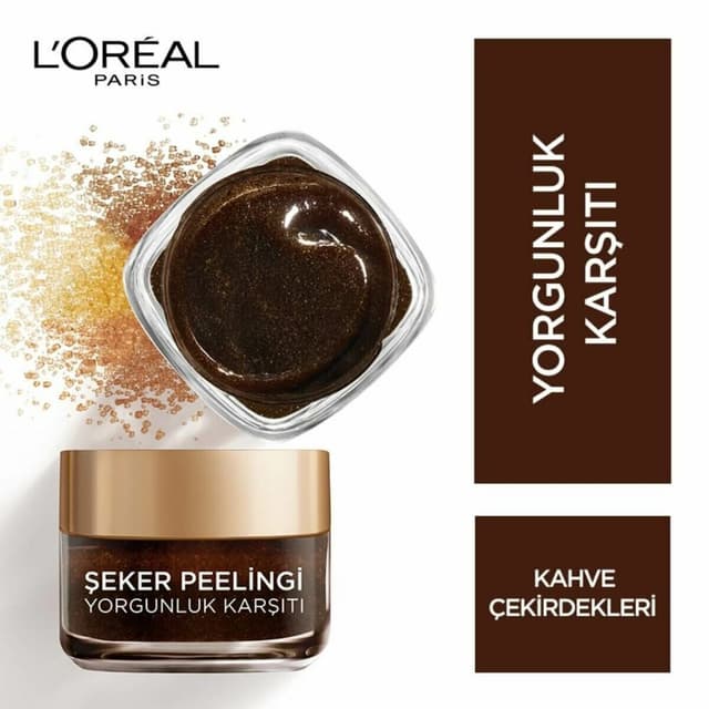 L'Oréal Paris kahve çekirdekli yorgunluk karşıtı şeker peelingi ürünü