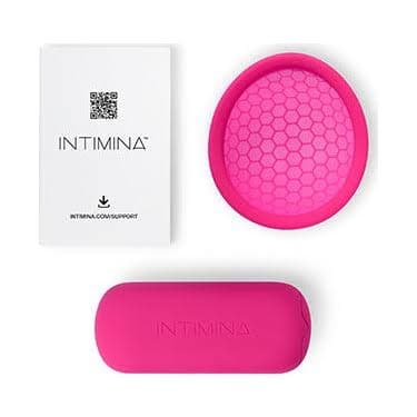 İntimina pembe menstrüel disk, koruyucu kılıfı ve kutusu içeren set