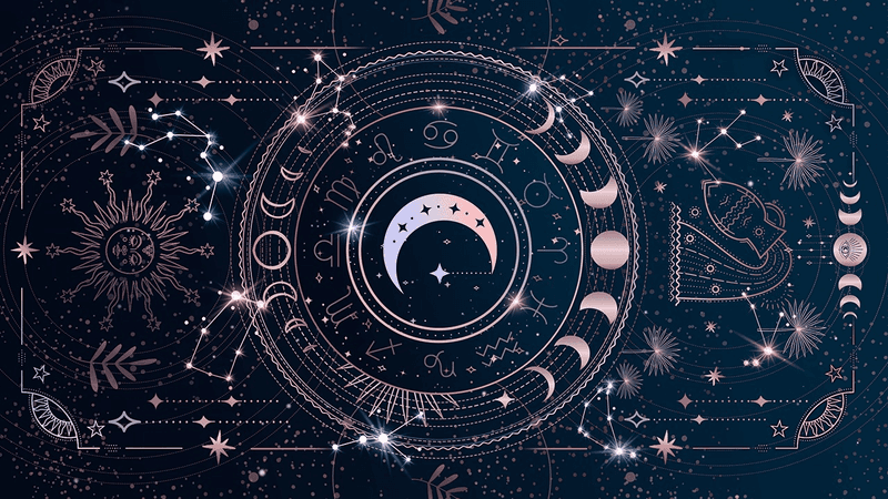 Koyu mavi arka planda gül altın renkli astroloji ve göksel semboller çizimi