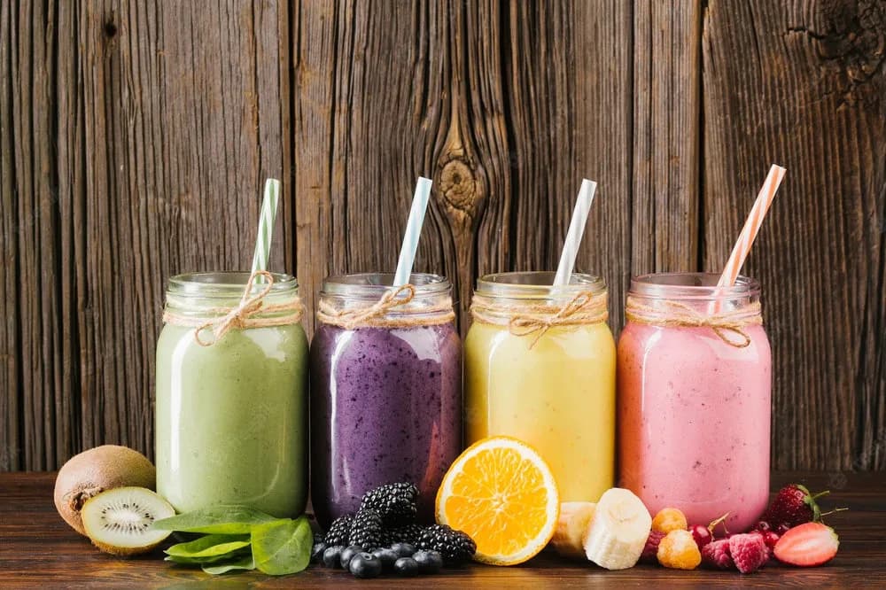 Dört renkli sağlıklı smoothie taze meyvelerle ahşap masa üzerinde