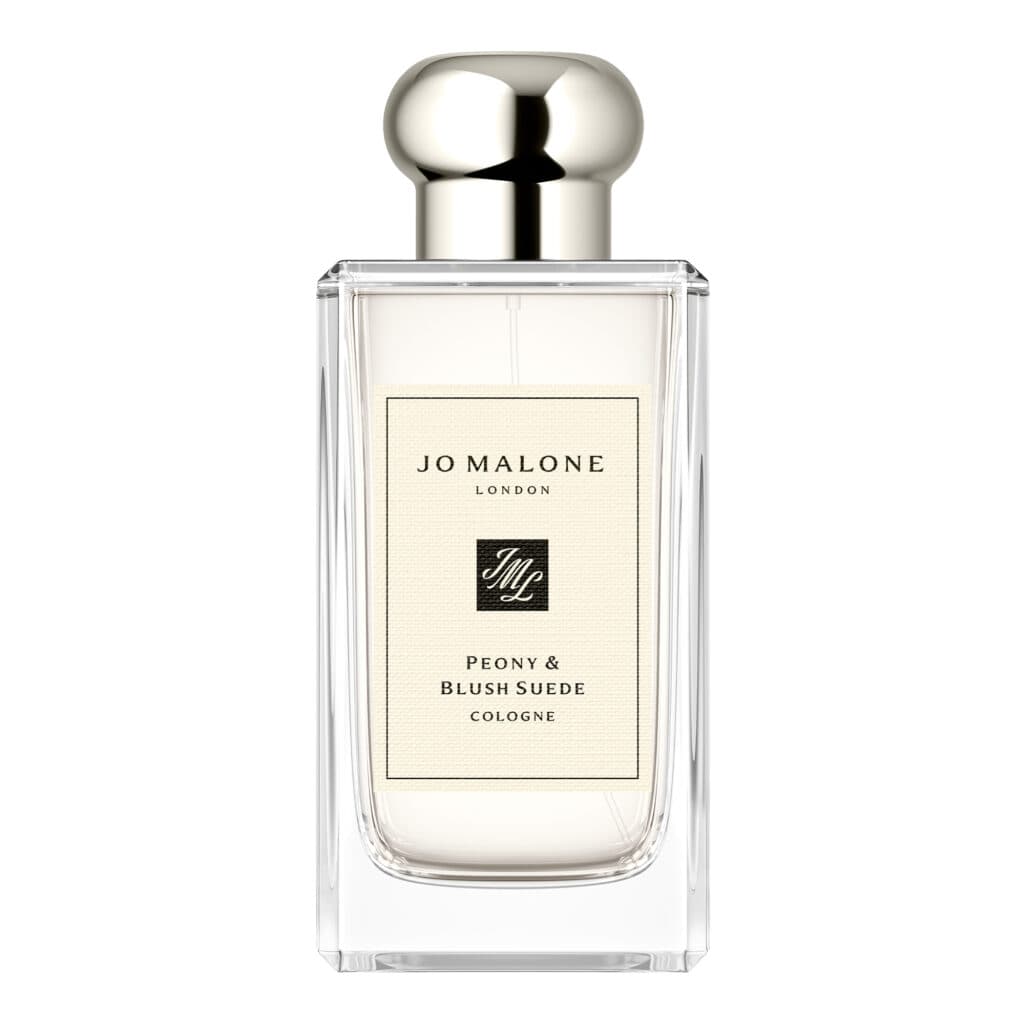 Jo Malone Peony Blush Suede kolonya şişesi beyaz arka planda