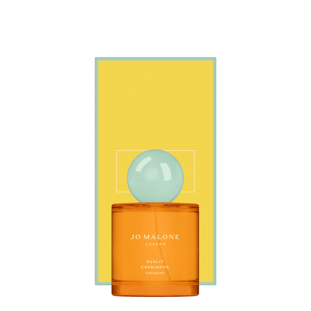 Jo Malone Sunlit Cherimoya parfüm turuncu şişe mavi küre kapak sarı zemin