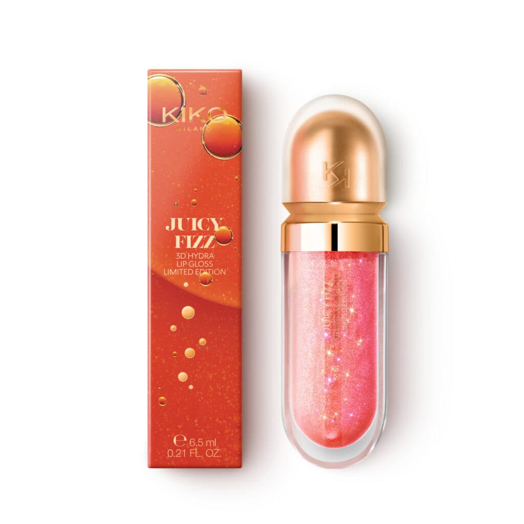 Mercan rengi ışıltılı Kiko Milano Juicy Fizz dudak parlatıcısı ve kutusu