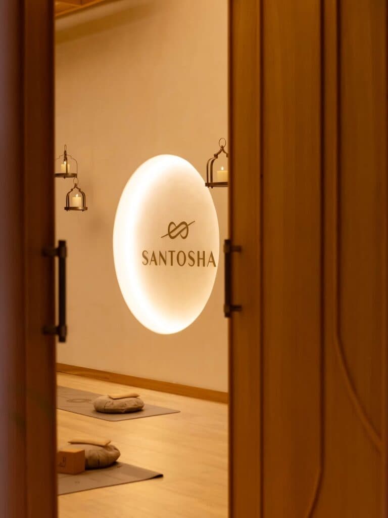 SANTOSHA yazılı ışıklı tabelalı, ahşap kapıdan görünen sakin yoga stüdyosu