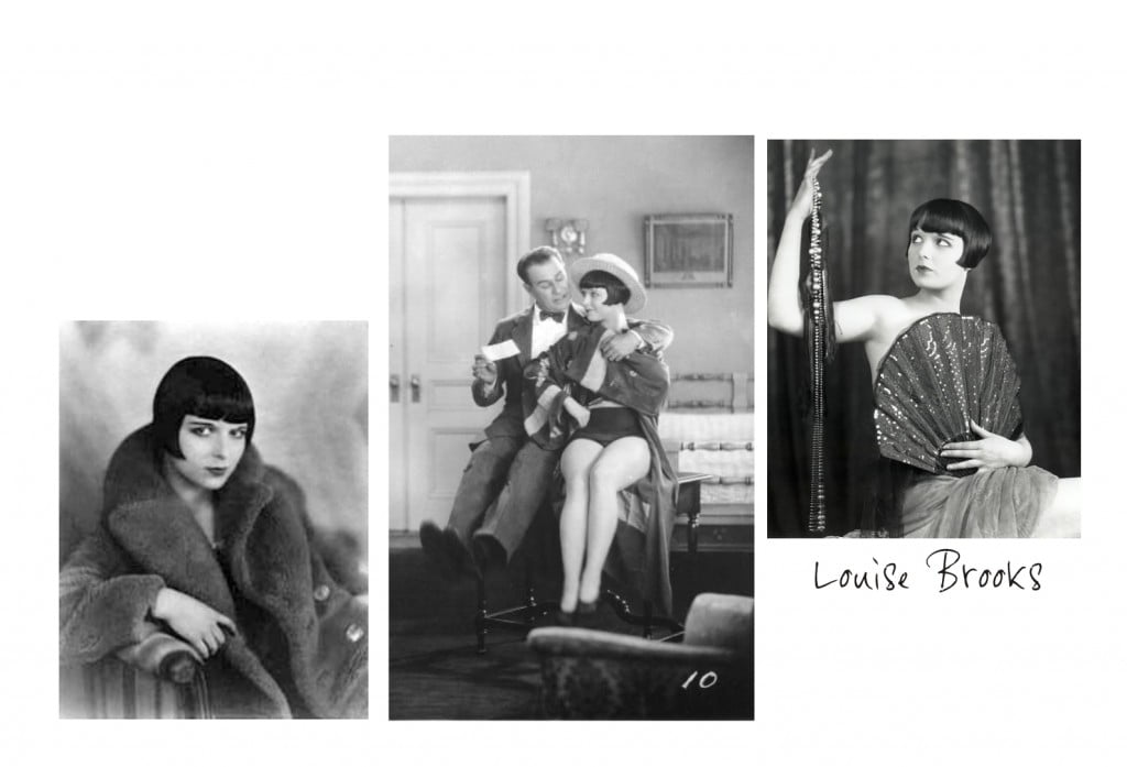 Louise Brooks'un çeşitli pozlarda siyah beyaz üç sessiz film fotoğrafı